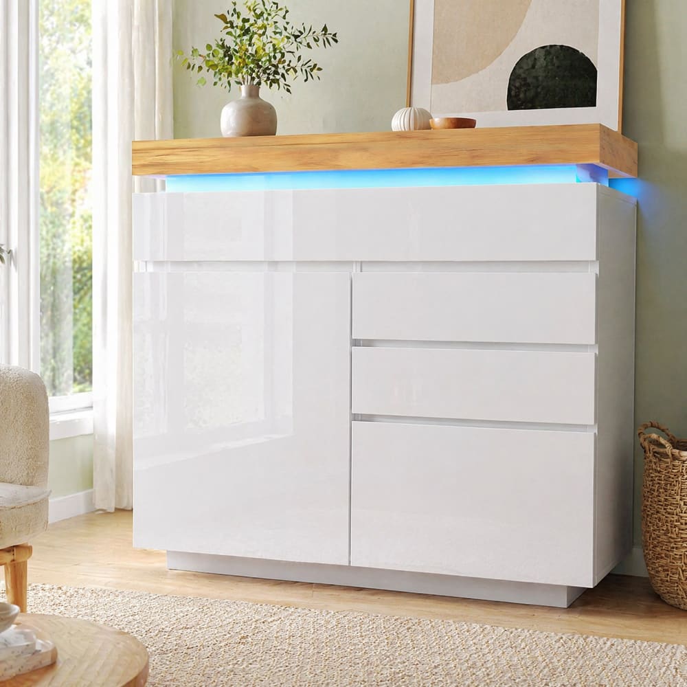 Kommode aus Spanplatte mit LED 110x39x115 cm, Weiß - Maisons Du