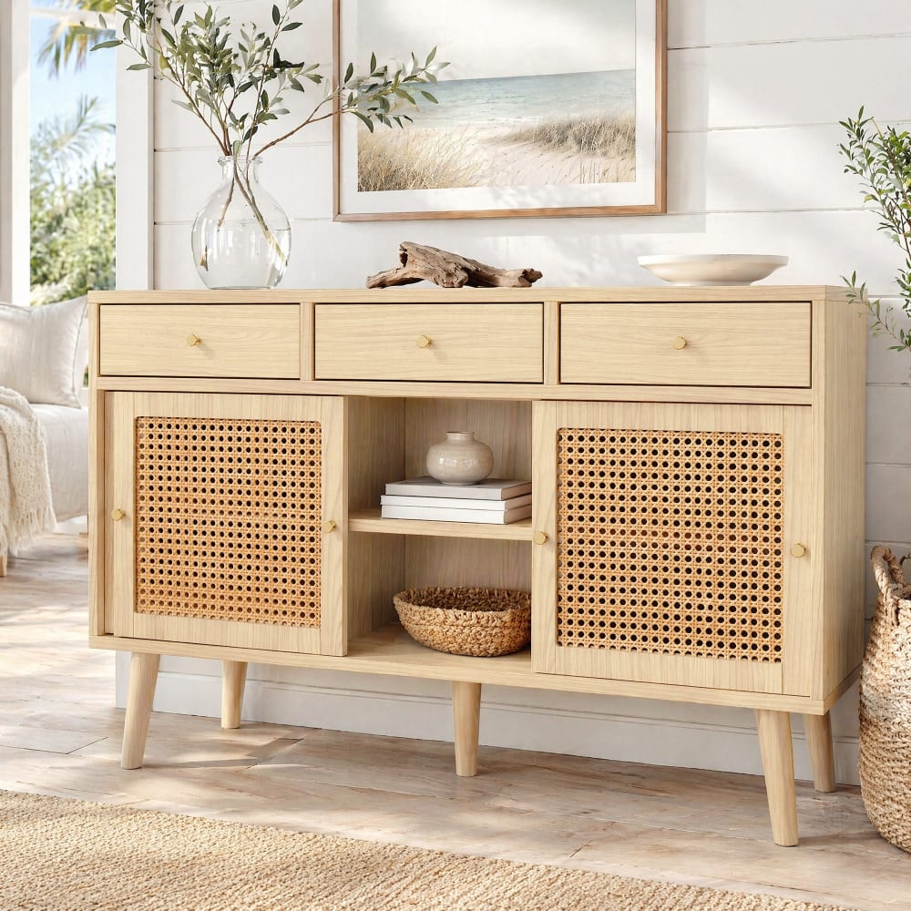 Sideboard aus Spanplatte mit Rattangeflecht, 120x40x78 cm, Beige