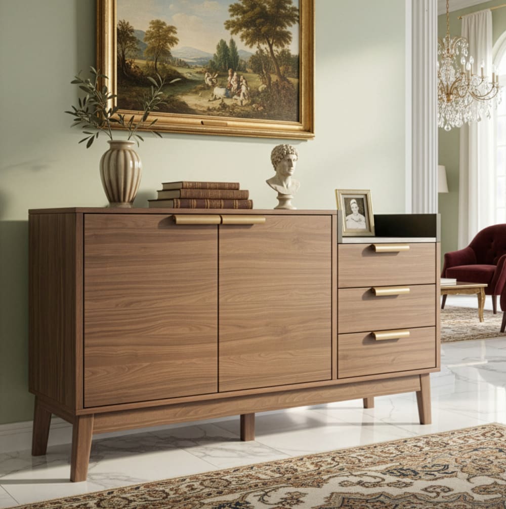 Kommode aus Spanplatte und Massivholz 120x40x77 cm, Dunkle Eiche