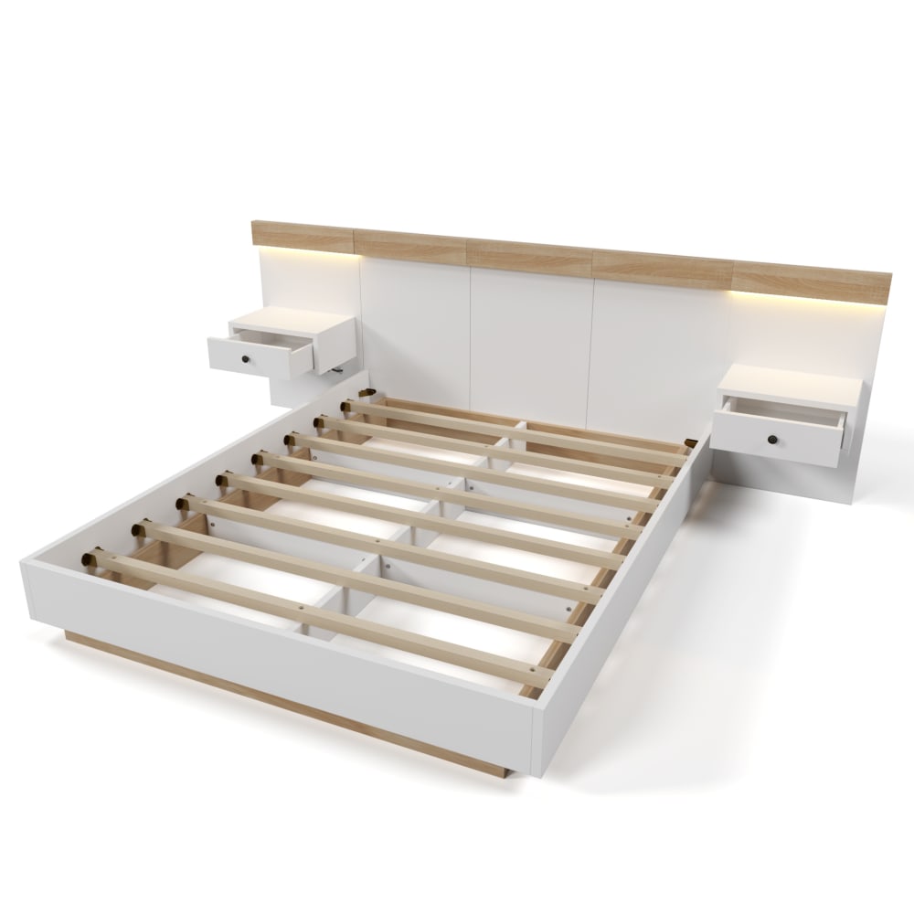 Lits doubles en bois avec led et usb blanc chêne 140x200 cm