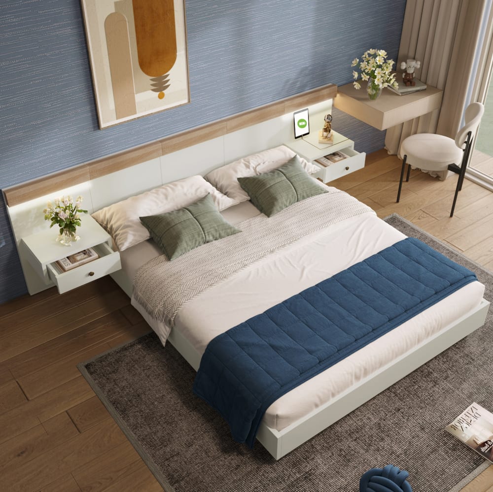 Lit double en bois avec led blanc chêne sonoma 160x200 cm