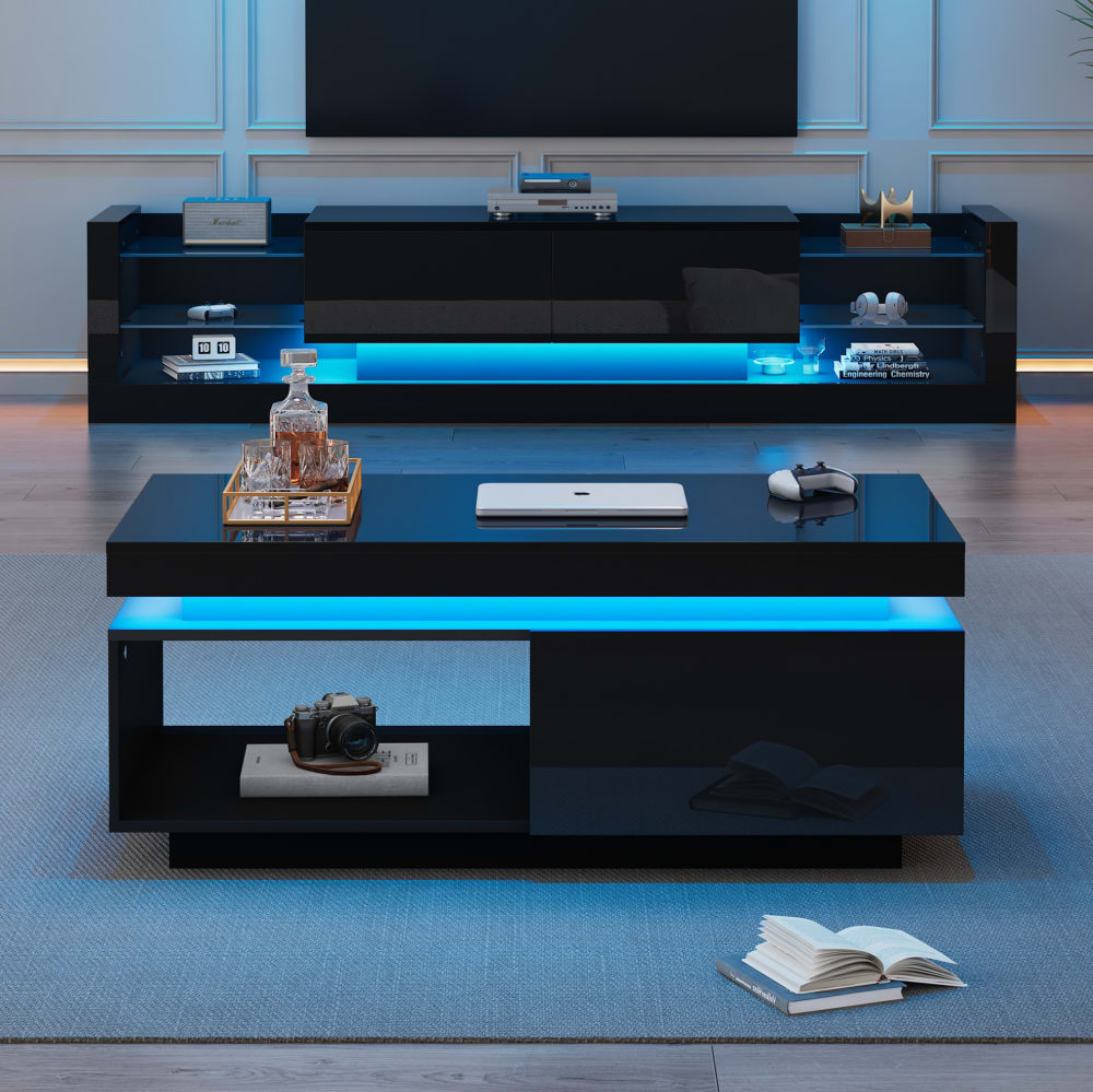 TV-Wandschrank-Set aus Spanplatte mit LED 181 cm, Schwarz -