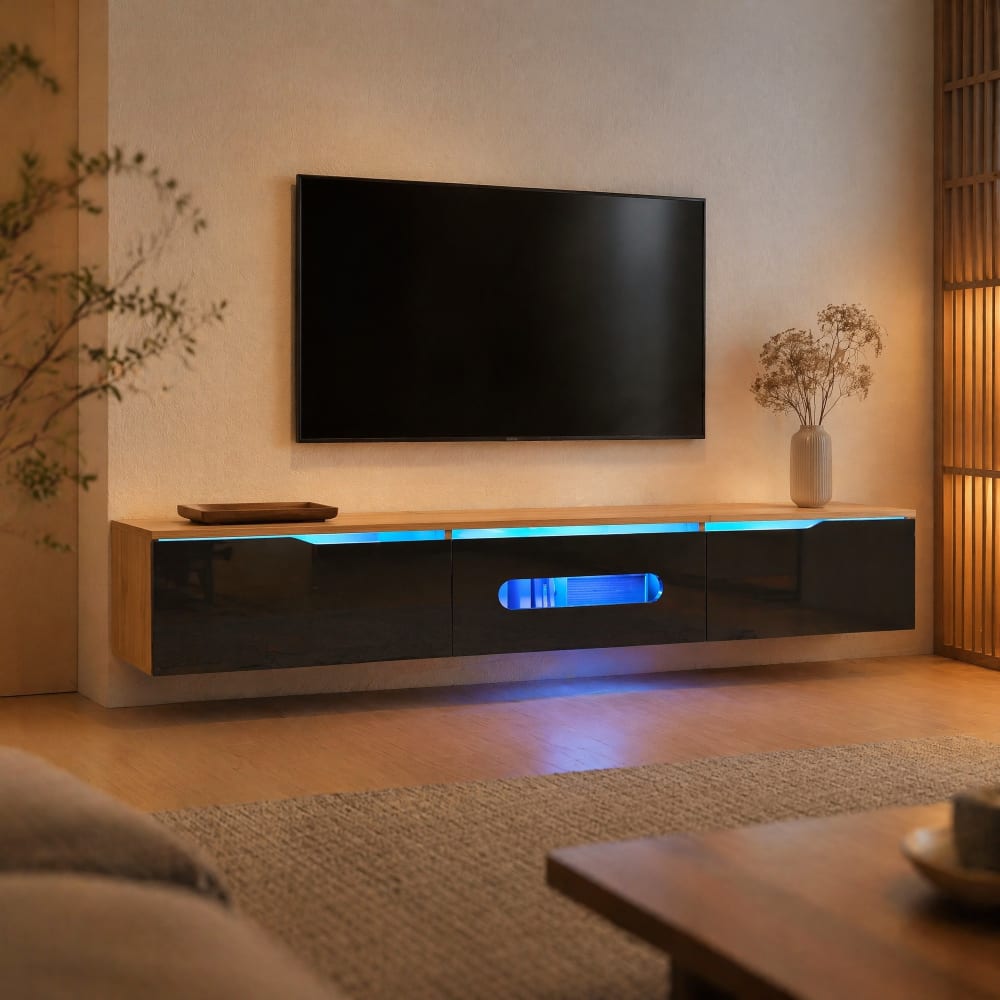 Meuble tv en mdf avec led noir bois 180x35x30 cm