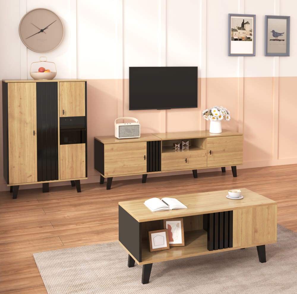 Wohnzimmermöbel-set aus glas und spanplatte mit led, Schwarz/Holz