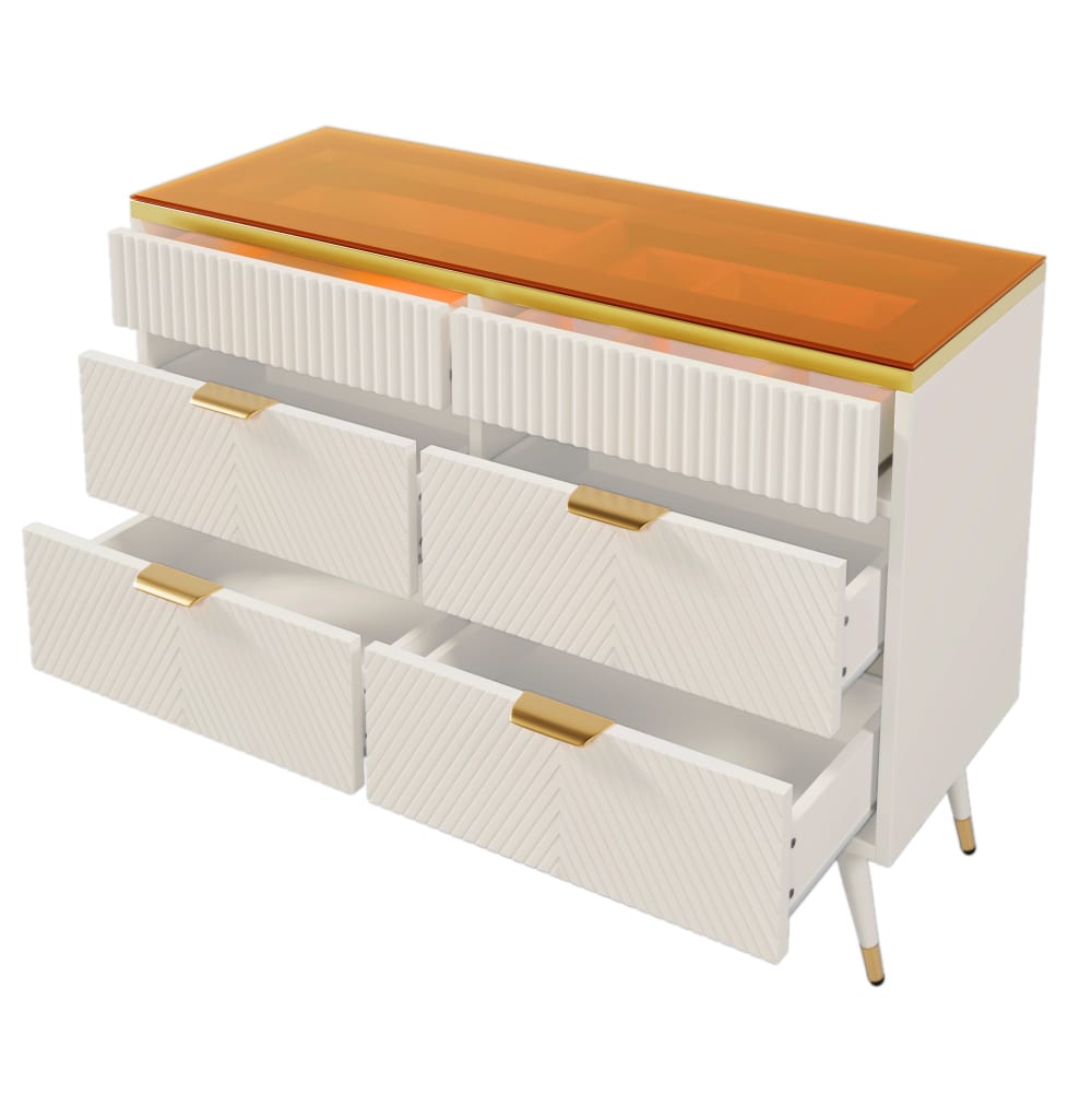REDOM Kommode aus Glas mit 6 Schubladen 120x40x76 cm, Weiß Weiß Glas
