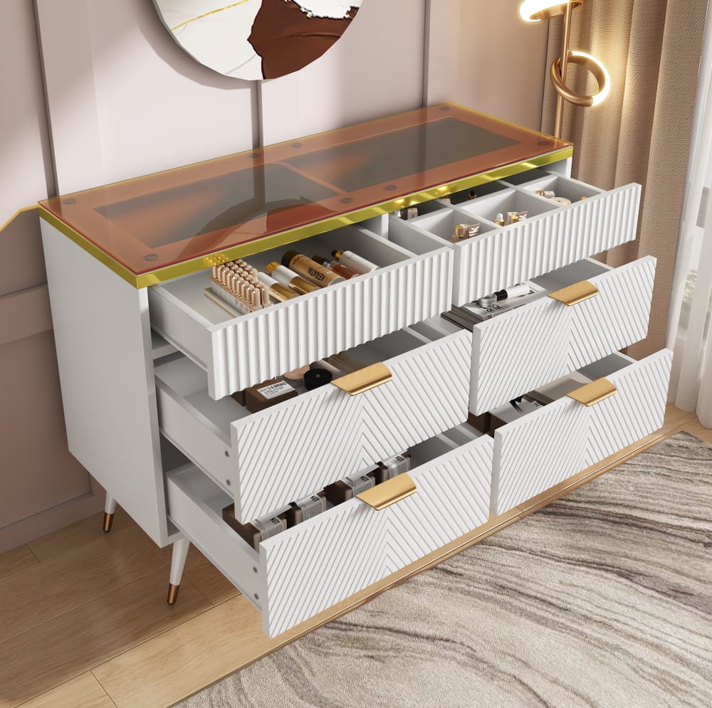 Kommode aus Glas mit 6 Schubladen 120x40x76 cm, Weiß - Maisons Du