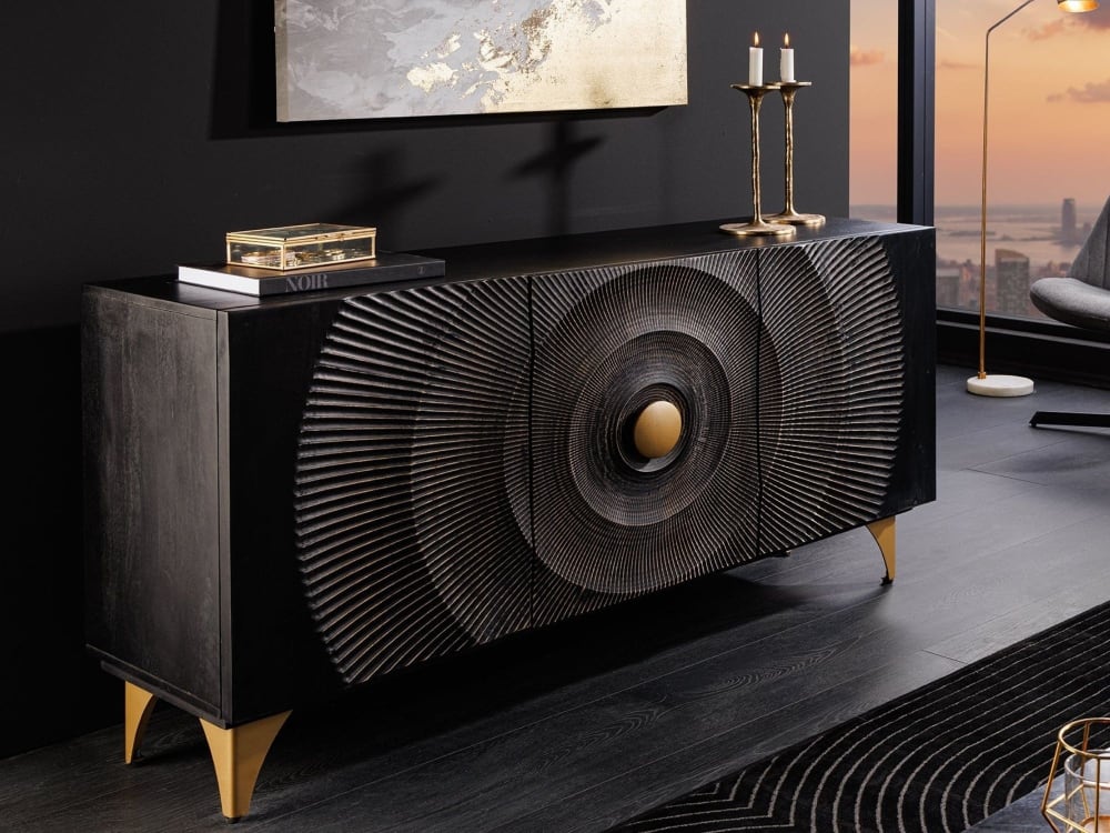 Buffet en bois de manguier noir et pieds en fer doré 140x75x38cm
