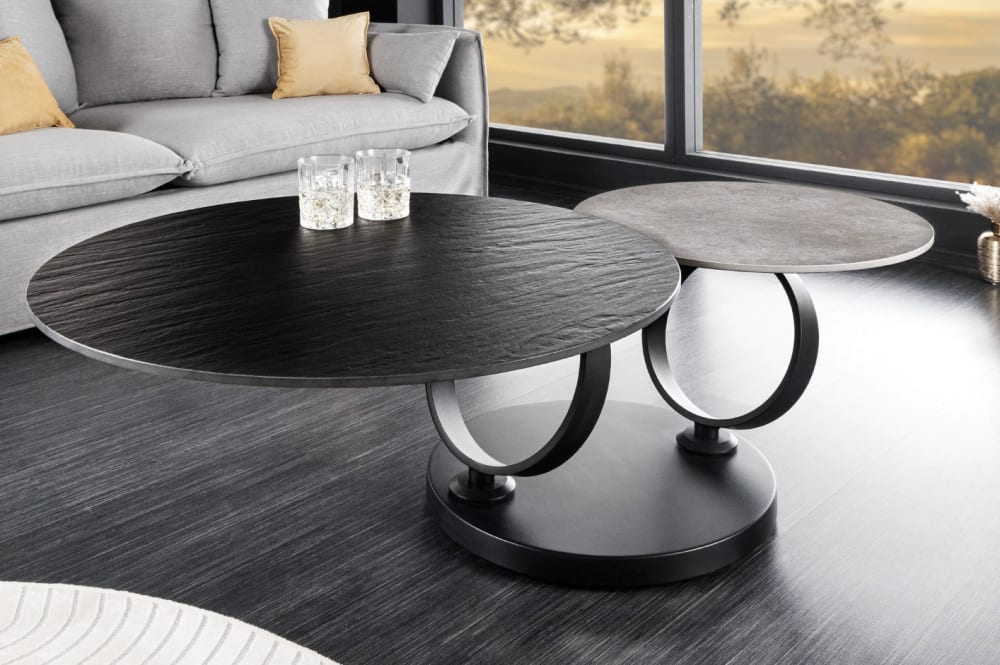 Table basse en céramique noire et grise avec 2 plateaux pivotants