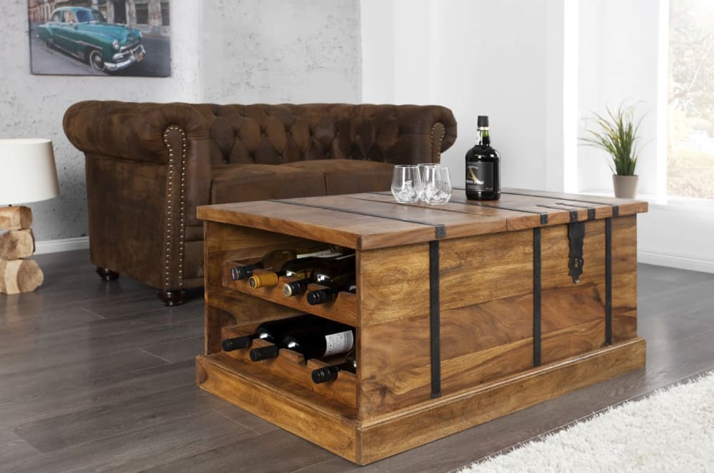 Table basse en bois de sheesham et détails en fer noir 100x40x60cm