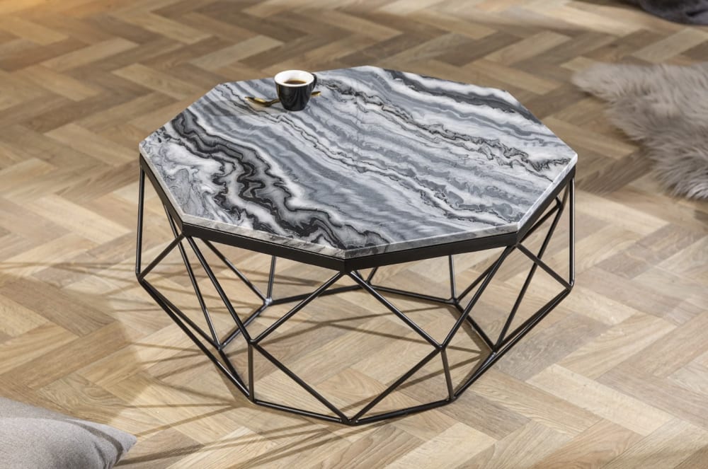 Table basse plateau en marbre gris structure en fer noir 70x38x70cm