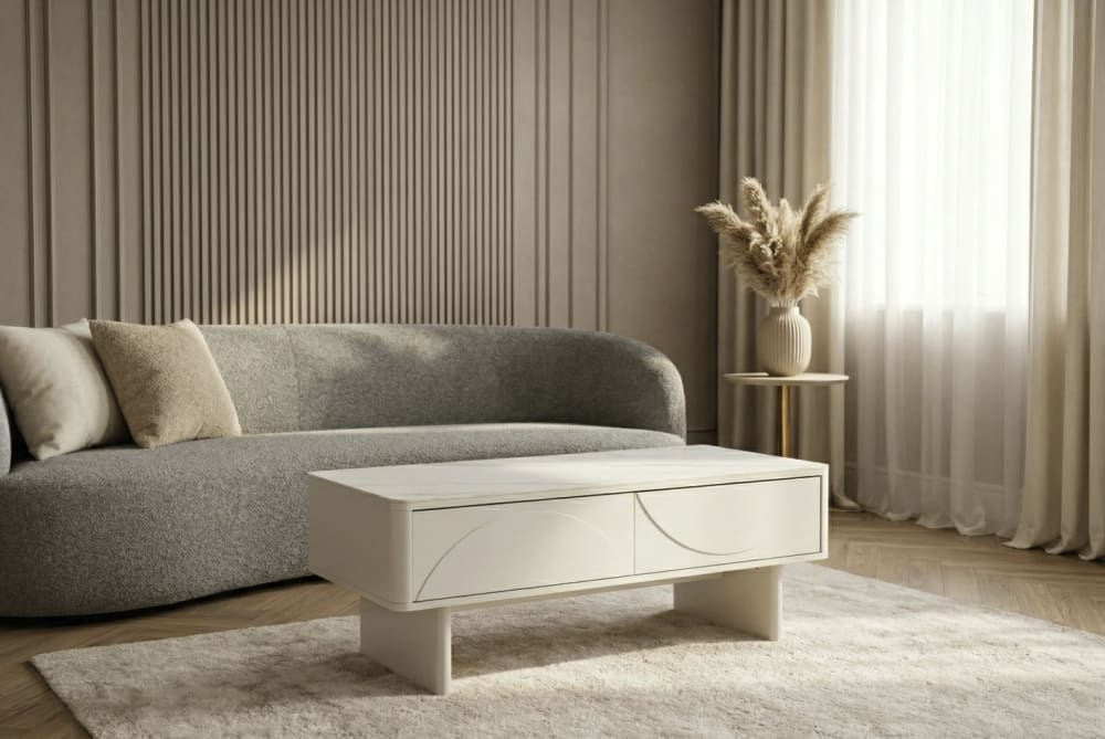 Table basse en céramique effet marbre avec 2 tiroirs 120x46x60cm
