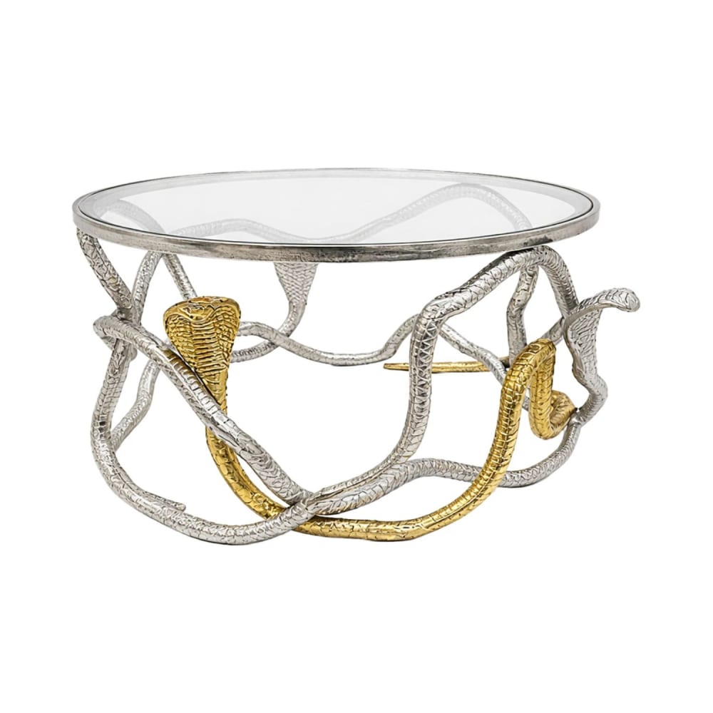 Table basse ronde en aluminium doré, argenté et verre d67cm