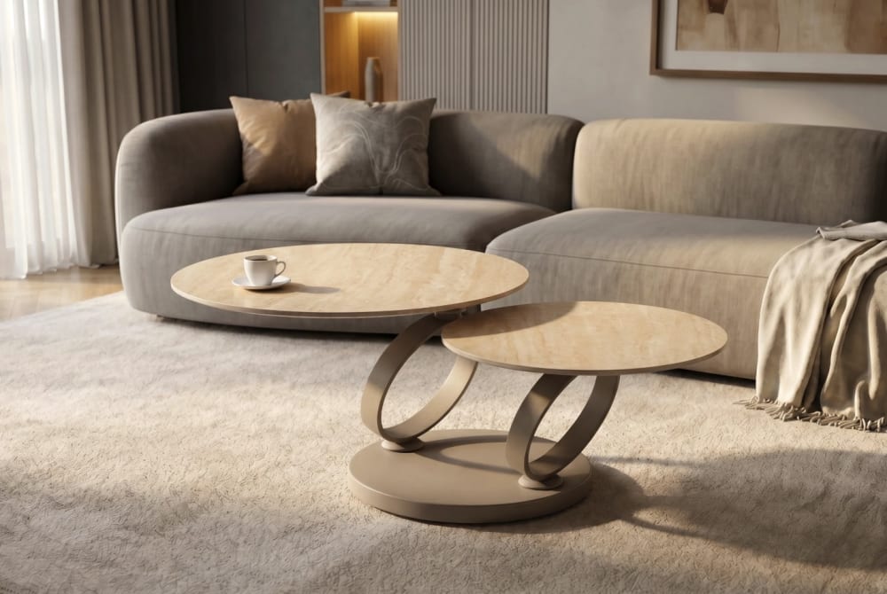 Table basse en céramique beige avec plateaux pivotants 80x43x80cm