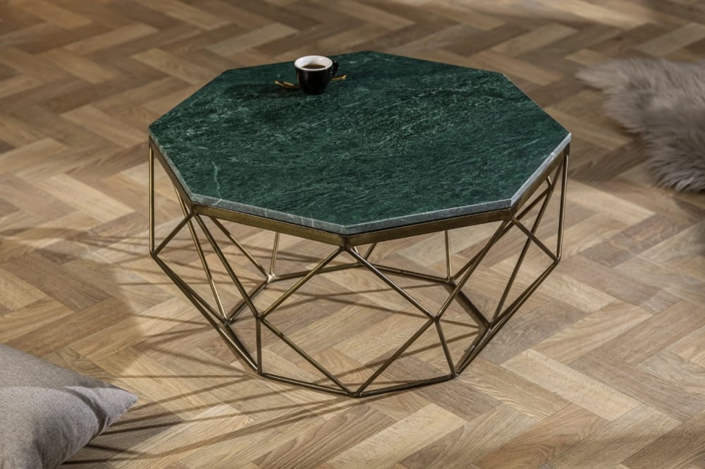 Table basse plateau en marbre vert structure en fer doré 70x38x70cm