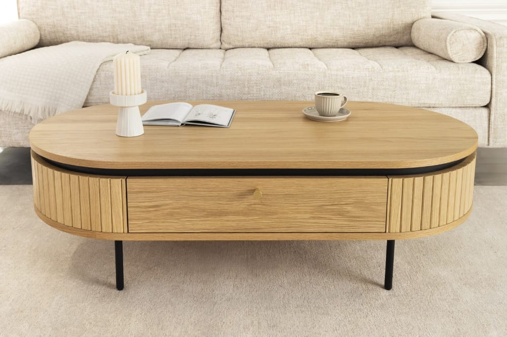 Table basse avec placage chêne et pieds en fer 2 tiroirs 120x60cm