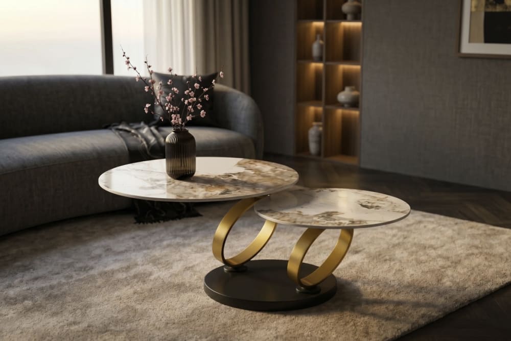 Table basse en céramique effet marbre avec 2 plateaux pivotants