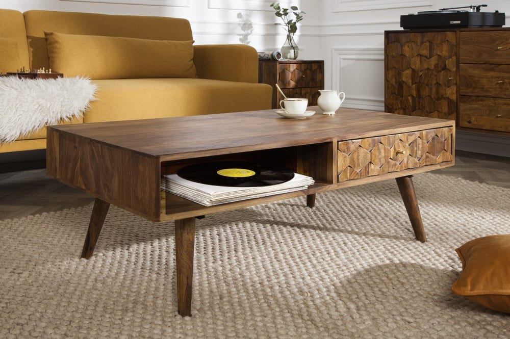 Table basse en bois de sheesham foncé avec rangements 100x40x52cm