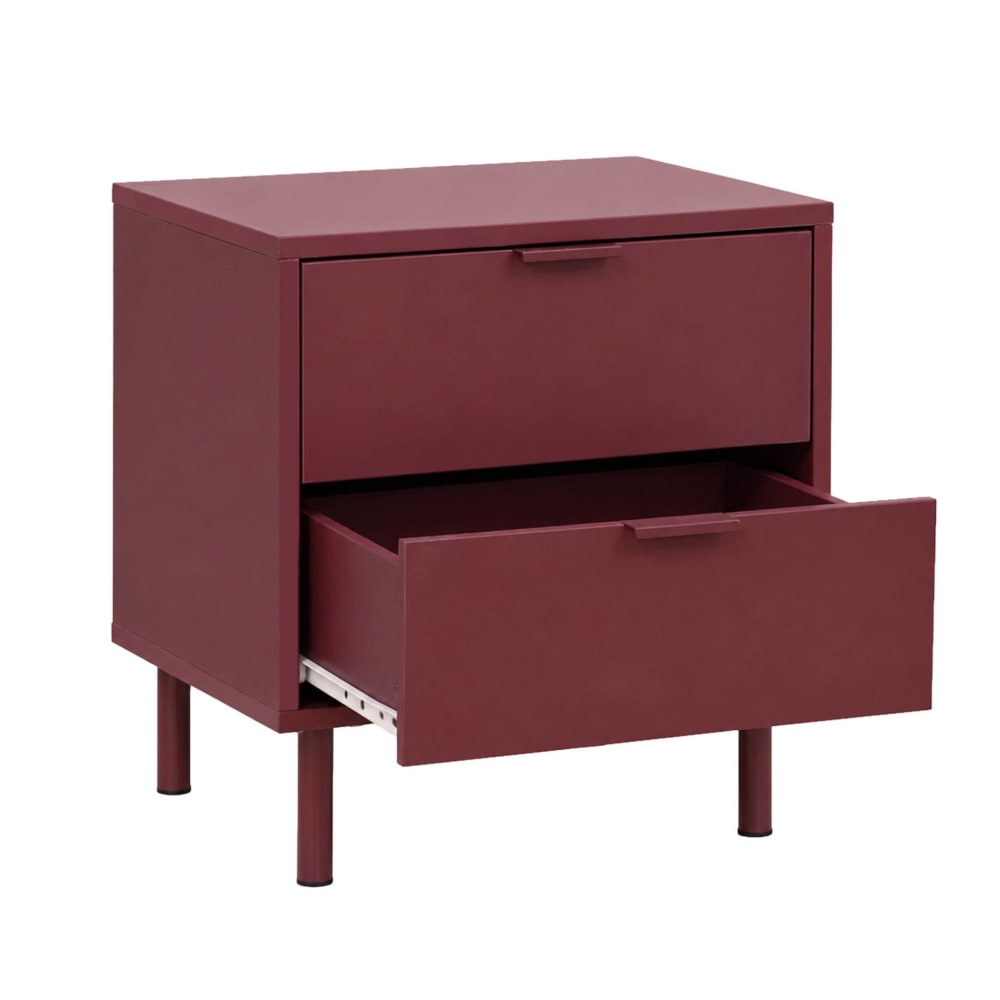 2 tables de chevet décor bois et métal 2 tiroirs bordeaux