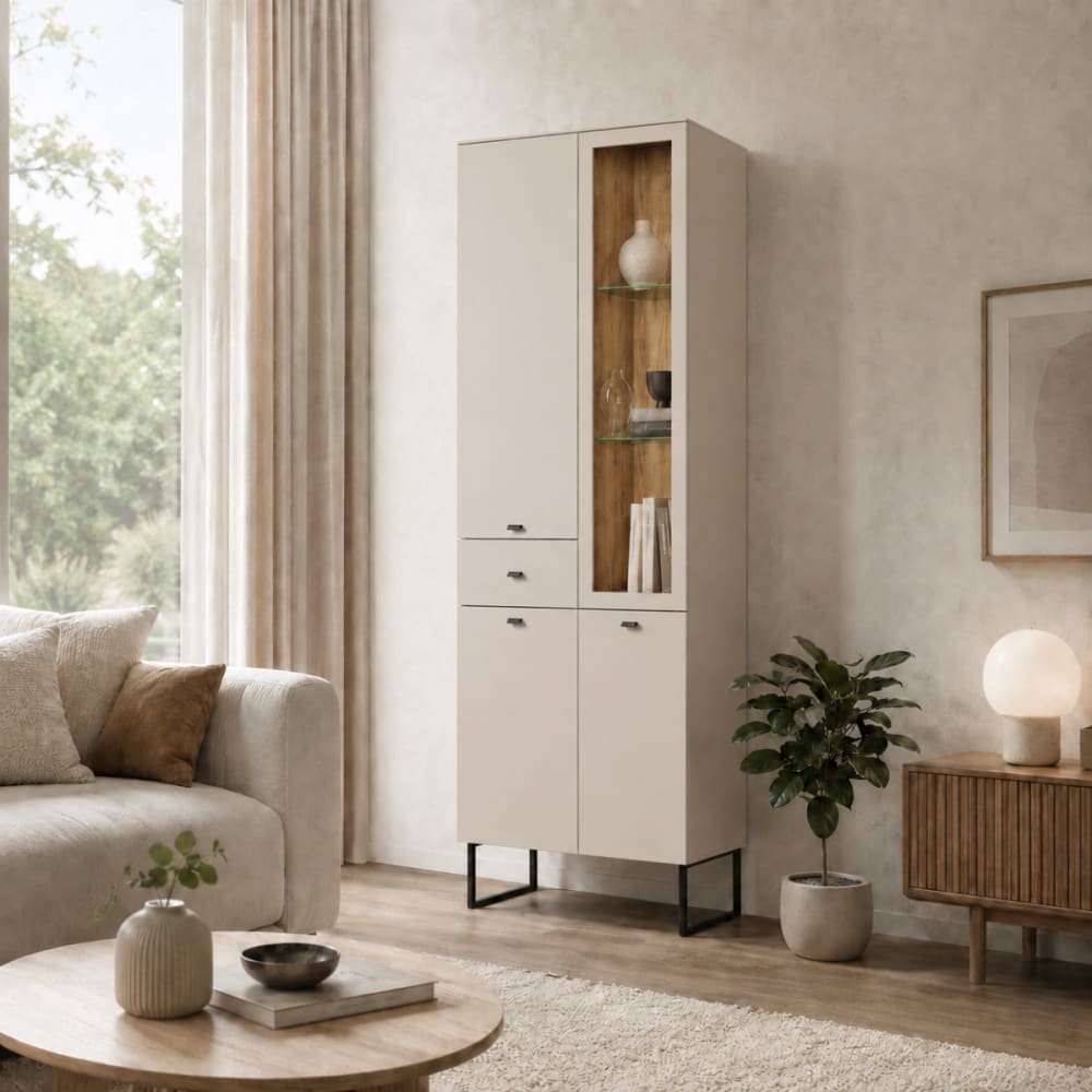 Vitrine mit 3 Türen, 1 Schublade und 1 offenem Fach H197 cm -