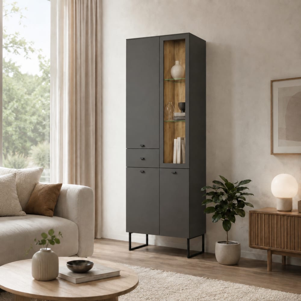 Vitrine mit 3 Türen, 1 Schublade und 1 offenem Fach H197 cm - -