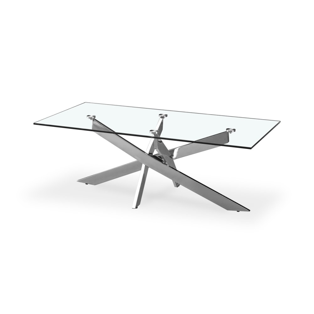 Table basse rectangulaire en verre et pied chromé