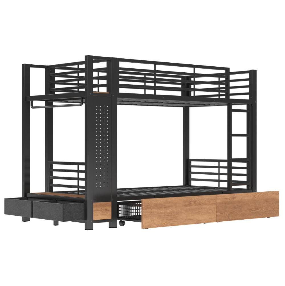 Lit superposé enfant 90x200 cm en acier noir avec led et rangements