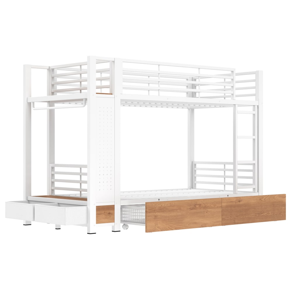 Lit superposé enfant 90x200 cm en acier blanc avec tiroirs et led