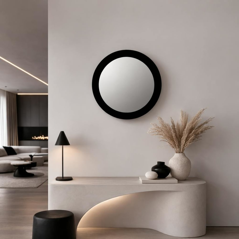 Miroir rond mural en bois noir d60 cm