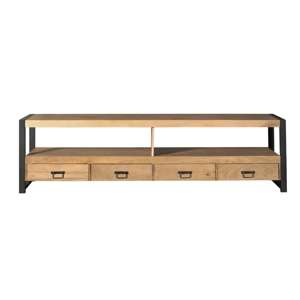 Long meuble tv bois clair et métal noir 4 tiroirs Long meuble tv bois clair et métal noir 4 tiroirs