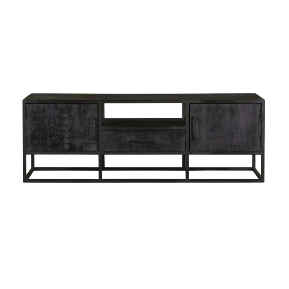 Meuble tv bois noir avec rangement 145 cm Meuble tv bois noir avec rangement 145 cm