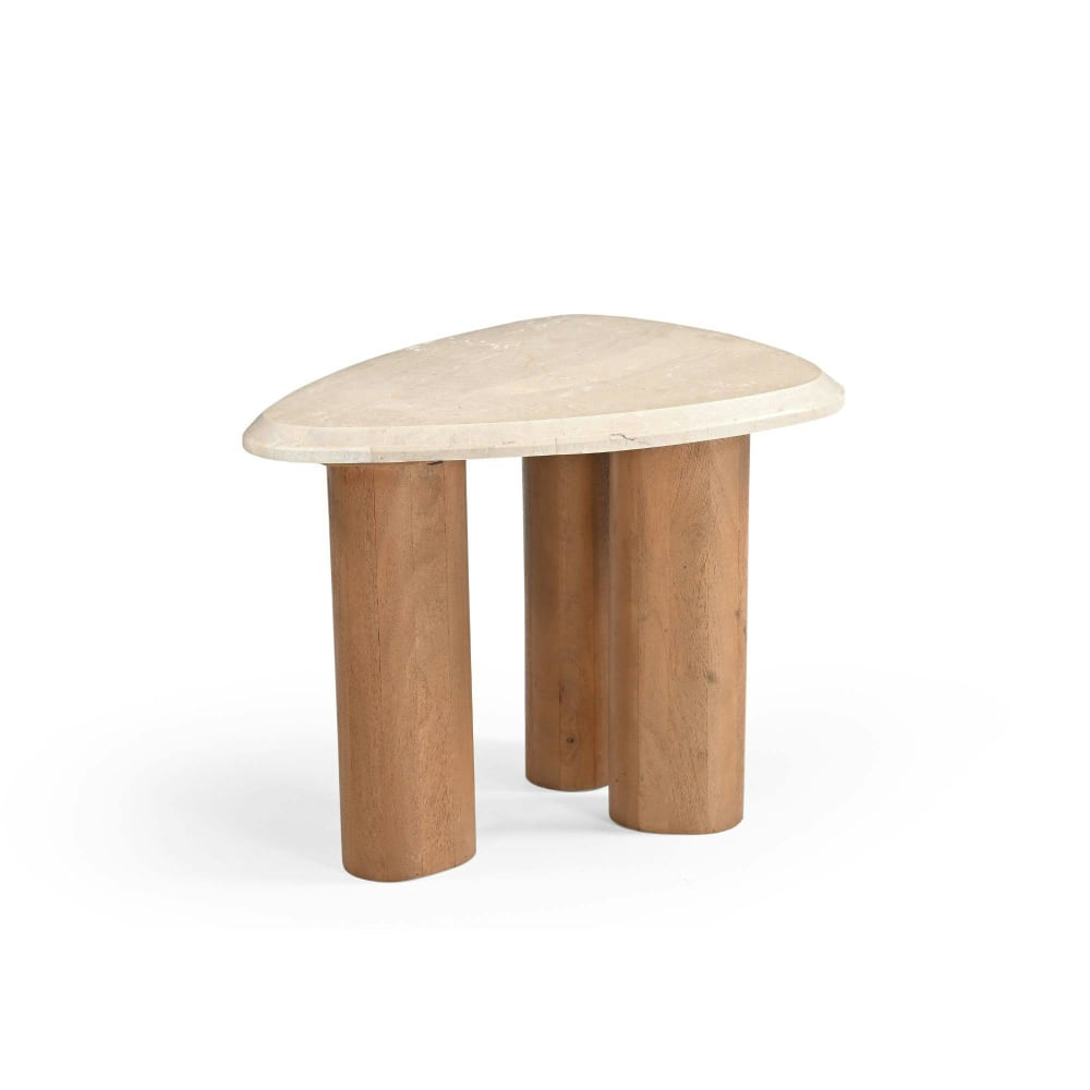 Bout de canapé travertin et bois design organique Bout de canapé travertin et bois design organique