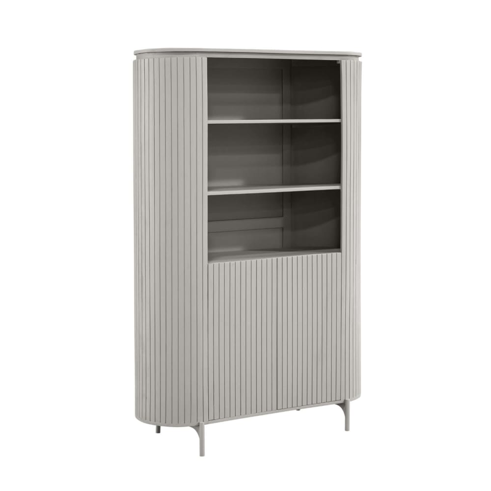 Bibliothèque haute en bois gris rainuré avec rangement Bibliothèque haute en bois gris rainuré avec rangement