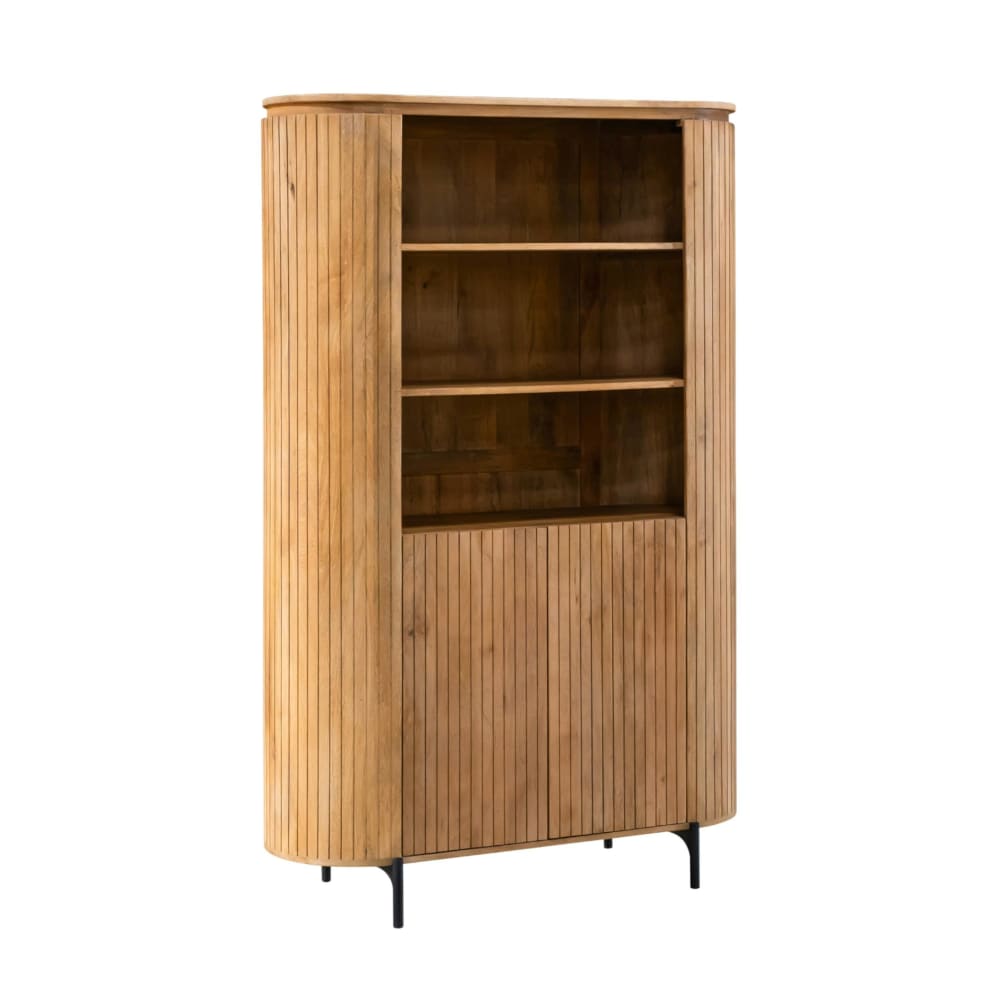 Bibliothèque haute en bois naturel rainuré avec rangement Bibliothèque haute en bois naturel rainuré avec rangement