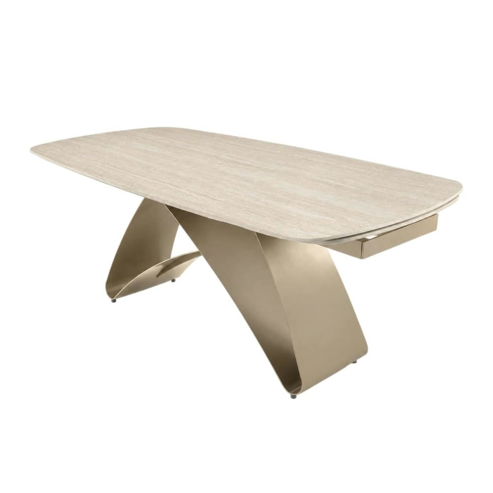 Table céramique décor travertin pied bronze 200-280 cm Table céramique décor travertin pied bronze 200-280 cm