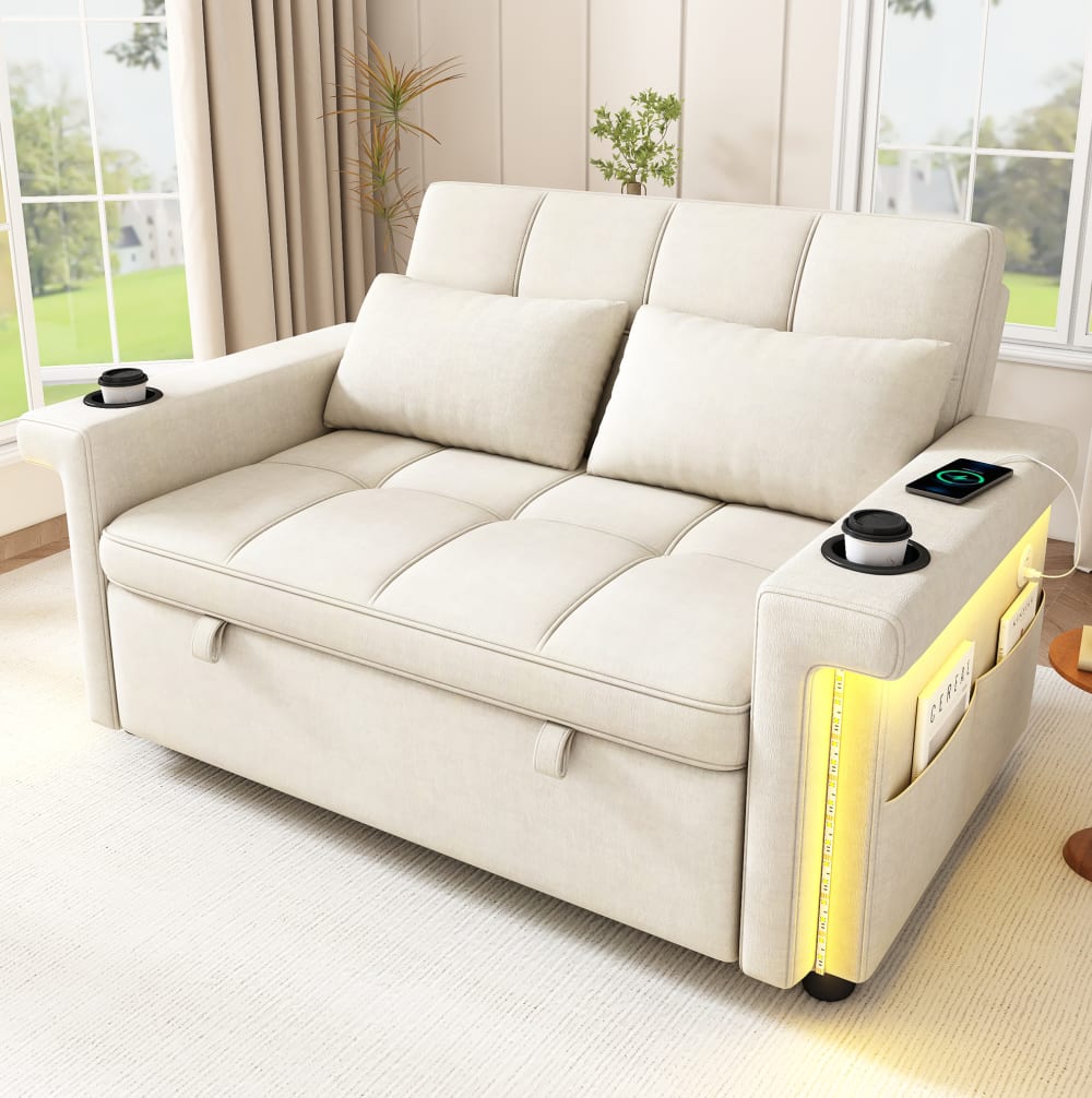 Canapé convertible en chenille beige avec led