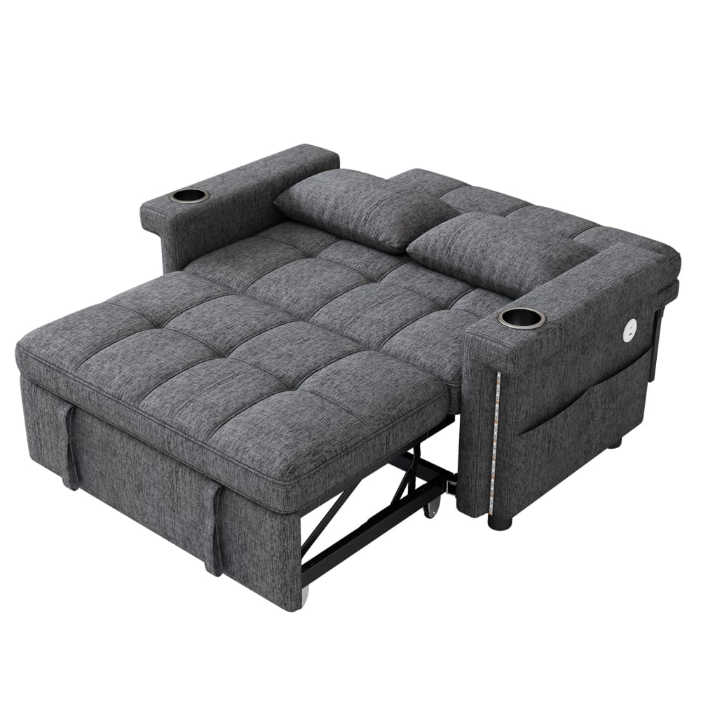 Canapé-lit 2 places en chenille grise avec led et ports usb