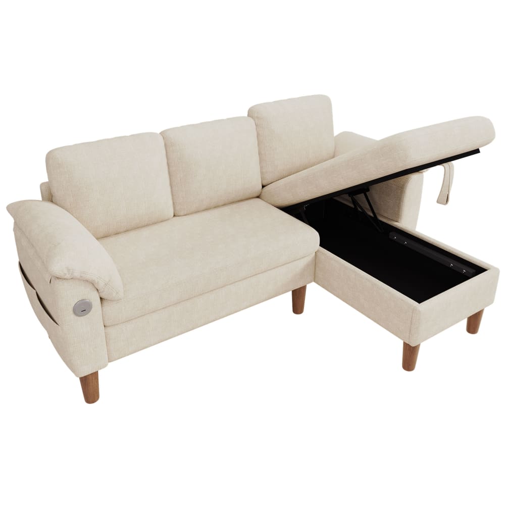 Canapé d'angle en l en chenille beige avec rangement