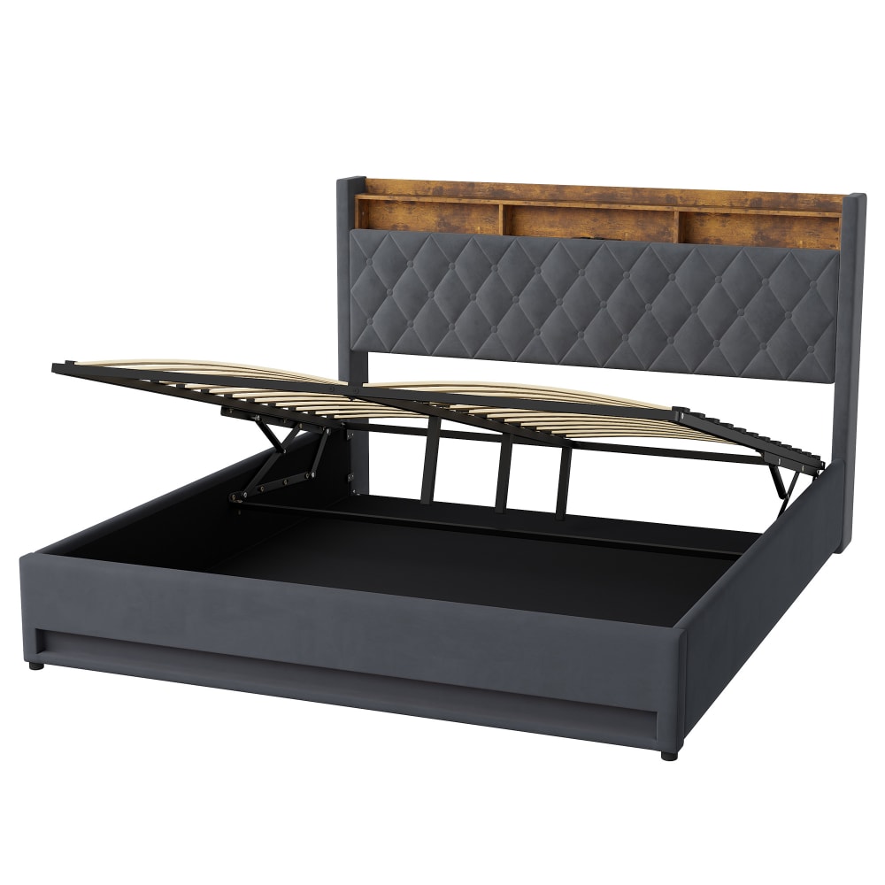 Lit double rembourré gris avec led, usb et 2 prises 180x200 cm