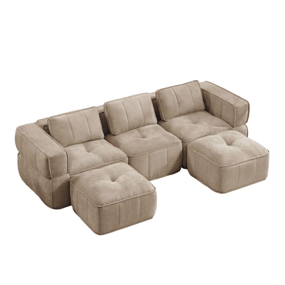 Canapé en u en polyester sable avec 2 poufs