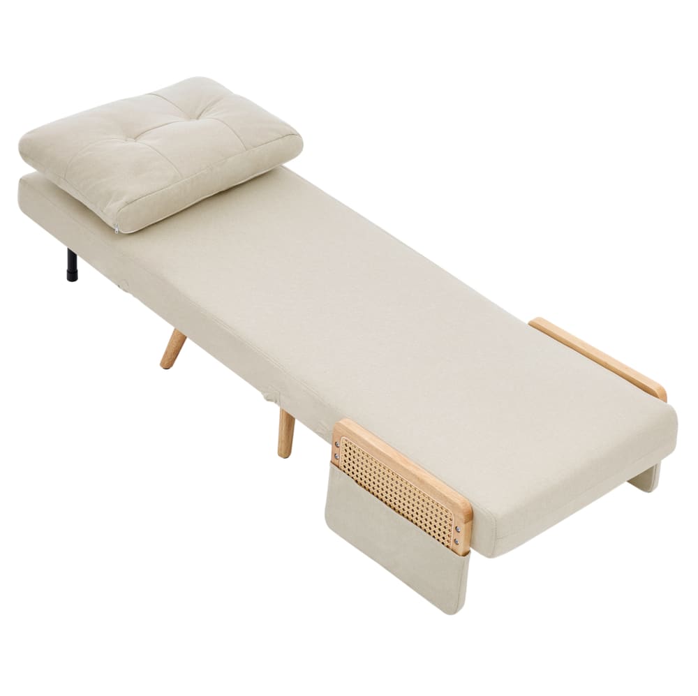 Fauteuil convertible en lin beige avec accoudoirs en rotin