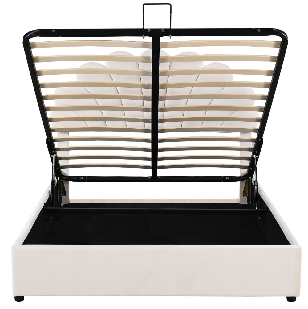 Lit coffre en velours polyester beige 140x200 cm