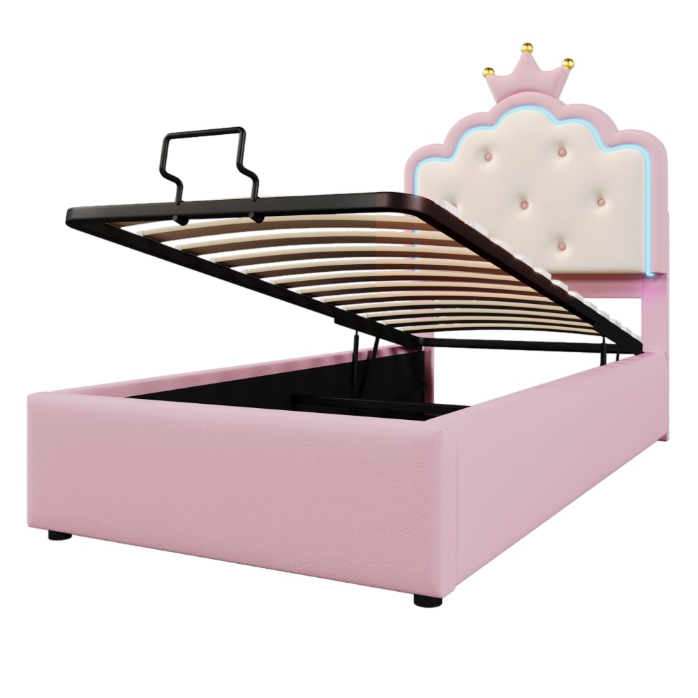 Lit enfant rembourré en polyuréthane rose avec led 90x200 cm