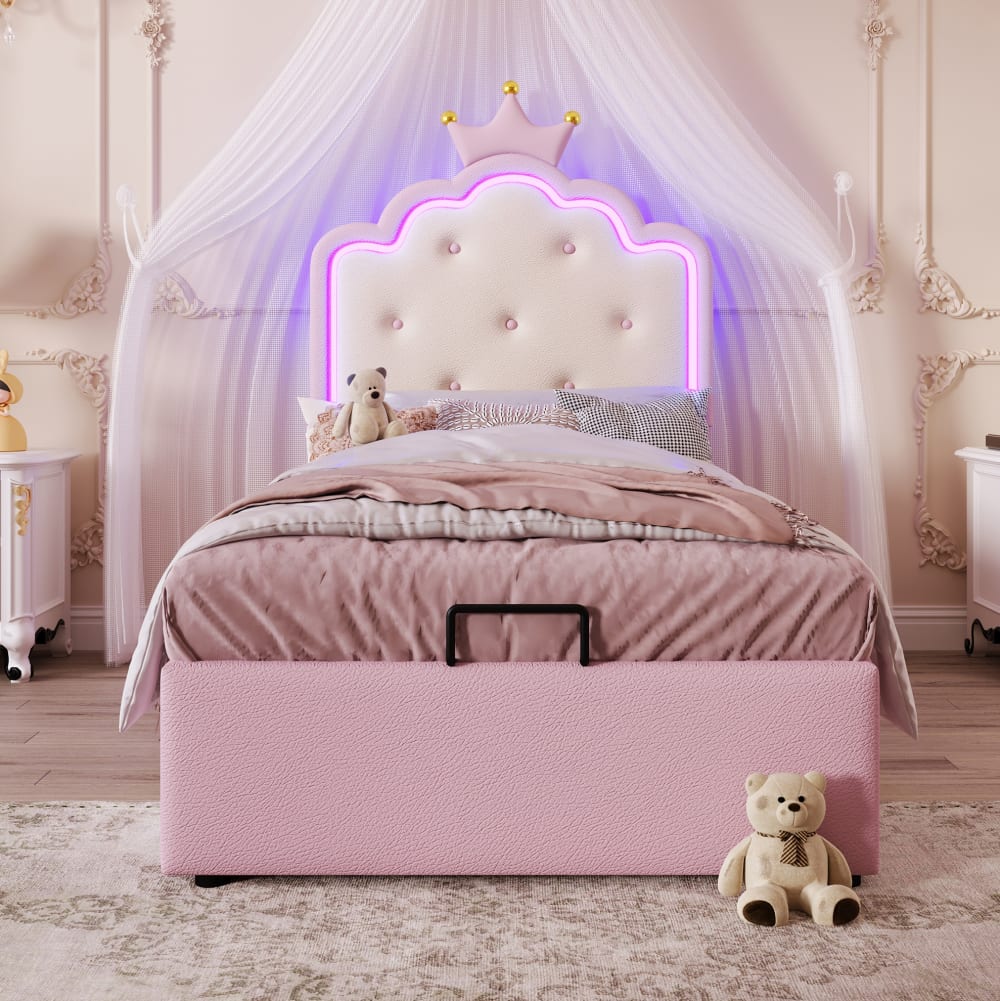 Kinderbett gepolstert aus Polyurethan mit LED rosa 90x200 cm -