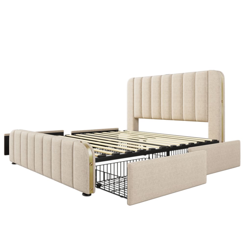 Lit rembourré en lin beige avec usb et 4 tiroirs 140x200 cm