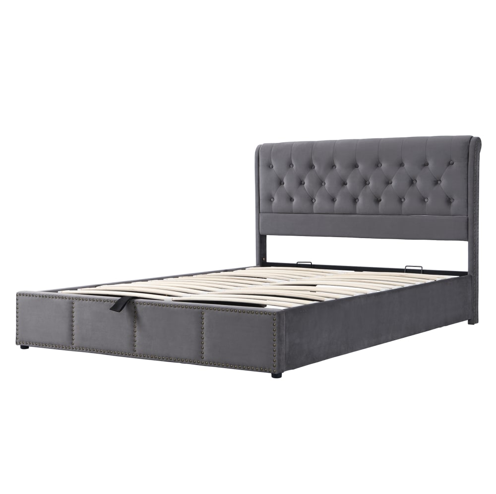 Lit rembourré en velours polyester avec coffre gris 180x200 cm