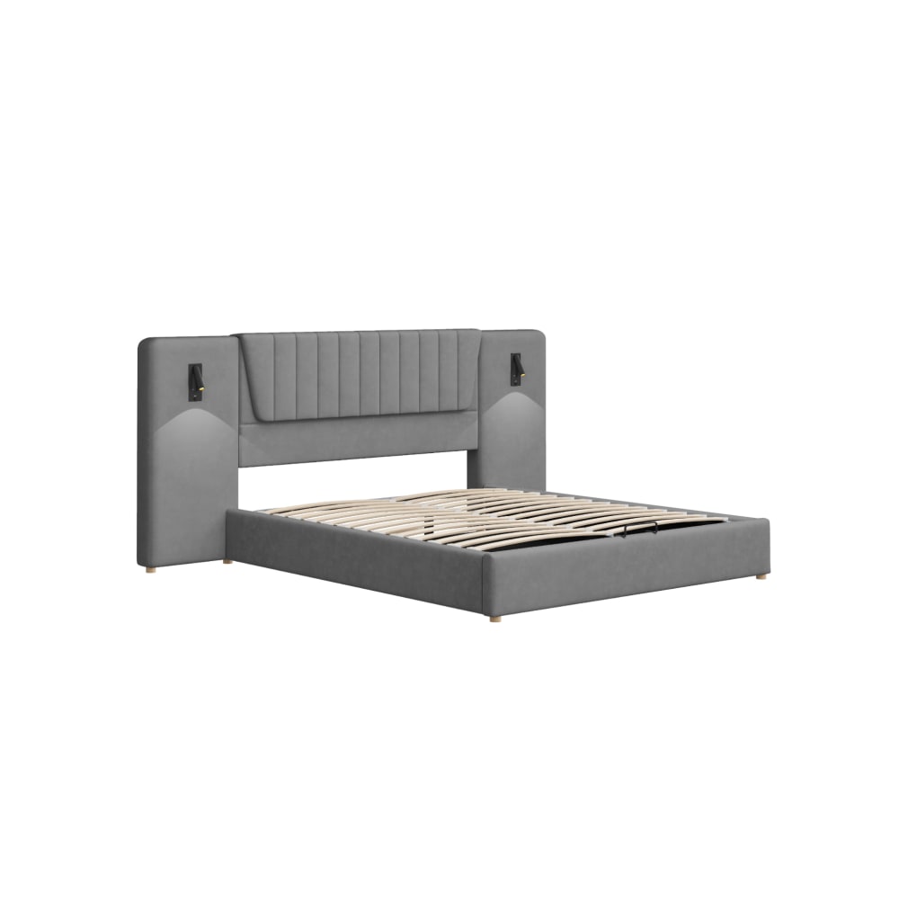Lit rembourré en velours polyester gris avec rangement 180x200 cm