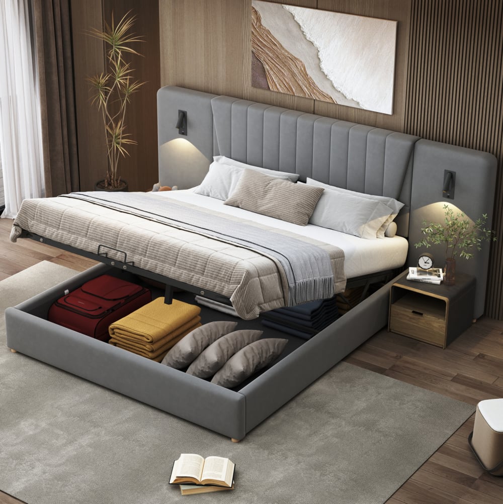 Lit rembourré en velours polyester gris avec rangement 180x200 cm