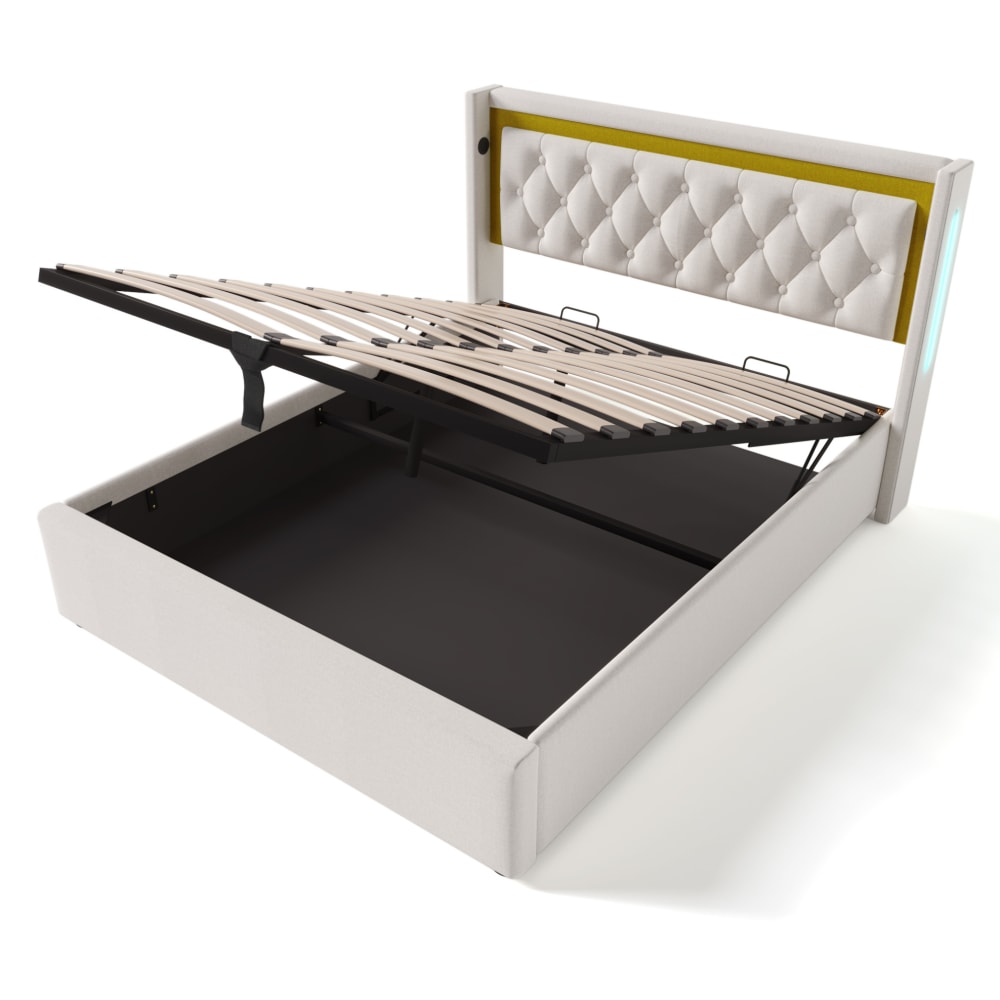 Lit rembourré beige avec led, usb et coffre de rangement 140x200 cm