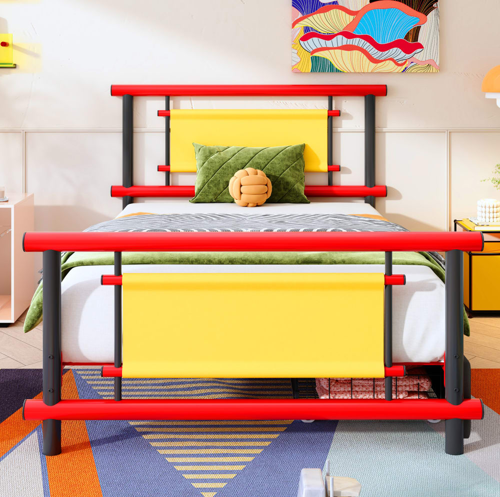 Kinderbett aus Metall rot mit Schubladen 90x200 cm - Maisons Du