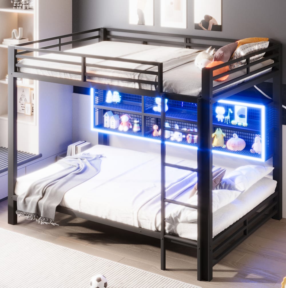 Etagenbett aus Metall schwarz mit LED und 6 Schränken 140x200 cm